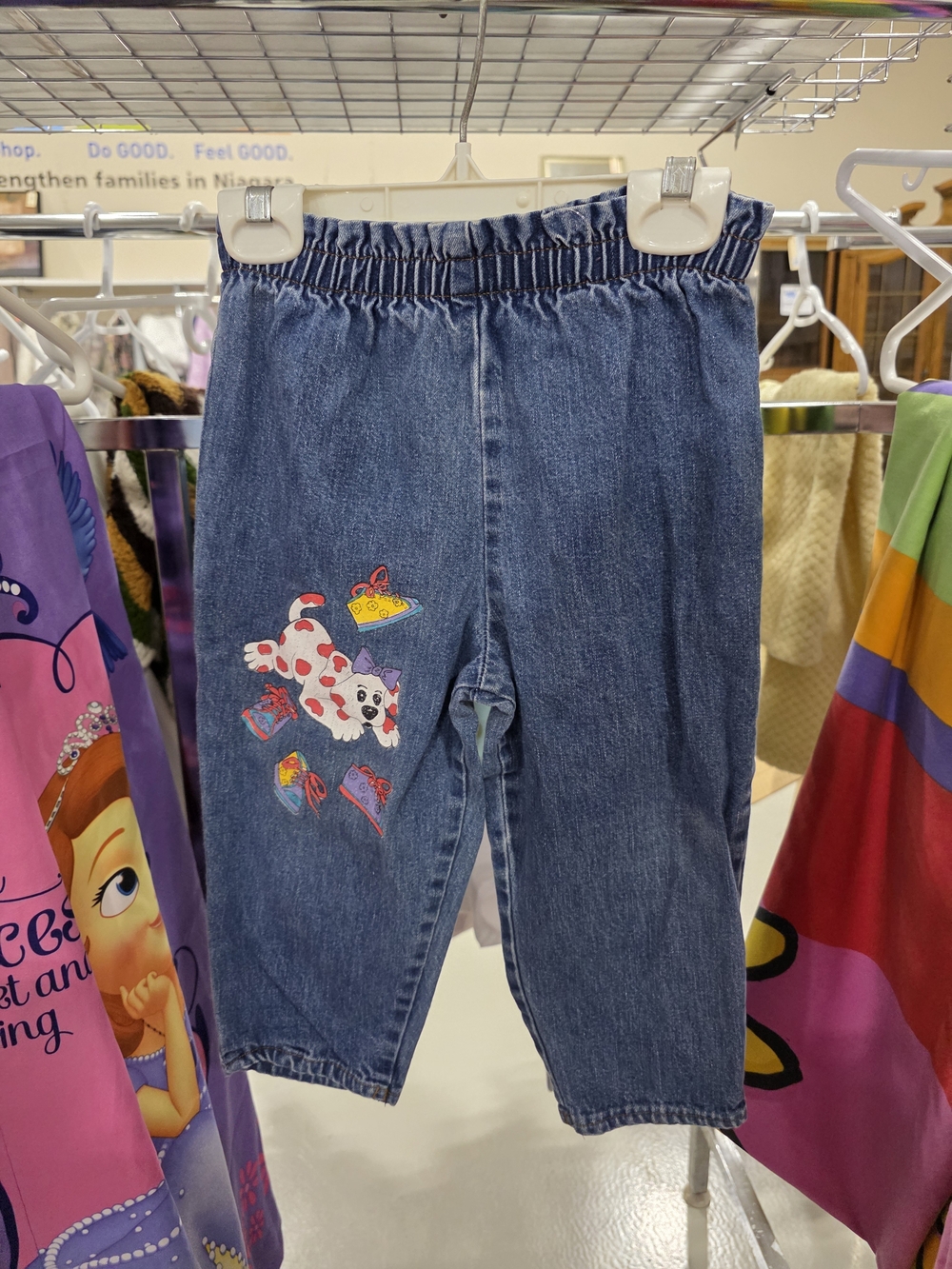 Vintage Kids' Elastic-Waist Blue Denim Jeans with Puppy Image
